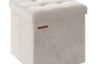 SONGMICS Pouf Pieghevole, Cassapanca in Velluto, Contenitore con Coperchio, Poggiapiedi, 38 x 38 cm, Portata 300 kg, per Corridoio, Soggiorno, Camera da Letto, Bianco Crema LSF227W01