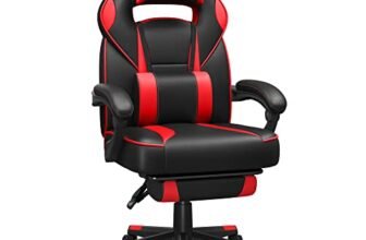 SONGMICS Sedia da Ufficio, Poltrona Racing Ergonomica, Poggiapiedi Telescopico, Schienale Inclinabile, Poggiatesta e Supporto Lombare, Portante di 150 kg, Nero Inchiostro e Rosso Fragola OBG73BRV1