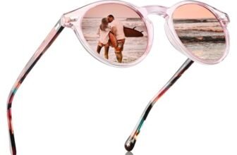 Carfia Retro Rotondi Occhiali da Sole da Donna Polarizzati UV400 Protezione, Telaio Rosa Trasparente Lente Rosa