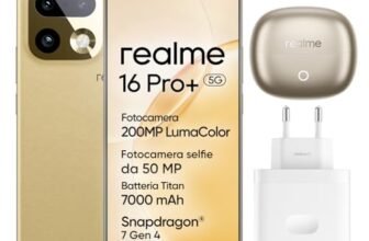realme 16 Pro+ 5G Smartphone, 8GB+256GB, Display Curvo AMOLED 144Hz 6,8″, Batteria 7000mAh, Fotocamera 200MP OIS, IP69K, Ricarica Rapida 80W, Doppia SIM, Next AI, Oro (Con Adattatore)