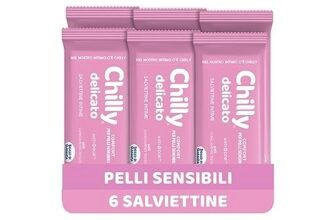 Chilly Salviettine Delicate, Salviette per l’Igiene Intima, Azione Delicata, Tessuto 100 % Biodegradabile, Ottimi Fuori Casa, PH 5 Delicato, Clinicamente Testato, Confezione da 6 Pezzi