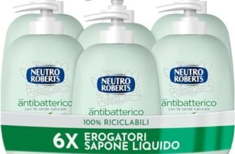 Neutro Roberts, Sapone Liquido Antibatterico, Pelle Sana e Protetta, Té Verde con Ingredienti Naturali – Flacone in Bio Plastica, Riciclabile – Confezione da 6×200 ml