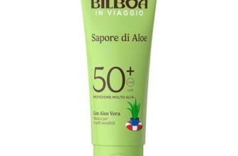 Bilboa In Viaggio, Sapore di Aloe Crema Solare SPF 50+, Con Aloe Vera, Musica per Pelli Sensibili, Resistente all’Acqua, Dermatologicamente testata, 75 ml