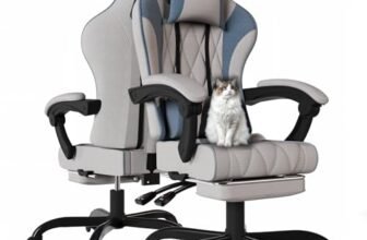 JUMMICO Sedia gaming in tessuto con imbottitura a molla, Sedie ufficio ergonomica con massaggiatore, sedia da gaming con poggiatesta, poggiapiedi, regolabile in altezza, portata 150 kg, Grigio & Blu