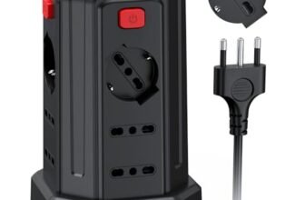2 Metro Ciabatta Elettrica Multipresa con 12 Prese Universali 10/16A ITA e Schuko e 3 USB A+1 USB C protezione Sovratensione con 4 interruttori indipendenti, Nero