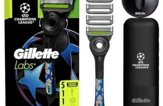 Gillette UEFA Champions League Special Edition GilletteLabs Rasoio A Mano Libera Con Barra Esfoliante Champion Gold Edition, 1 Manico + 5 Lamette Di Ricambio, Gancio Da Parete E Custodia Da Viaggio