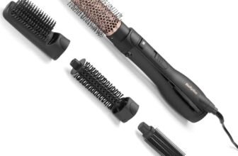 BaByliss Spazzola ad aria calda 1200W 4 accessori, Asciugatura, styling e volume, 3 temperature, funzione ionica anti-crespo, AS122E