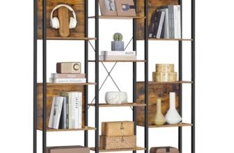 VASAGLE Libreria, Scaffale Portaoggetti, con 14 Ripiani, Struttura in Metallo, Soggiorno Studio Ufficio, Stile Industriale, 24 x 128 x 166 cm, Marrone Vintage e Nero Inchiostro LLS157K01