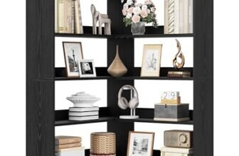 IRONCK Libreria a 6 ripiani, altezza 180 cm, in legno, a forma di L, per studio, ufficio, soggiorno, camera da letto (nero)