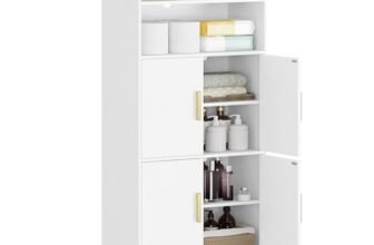 Hzuaneri Mobile da bagno, Mobile contenitore, 2 ante e 1 spazio aperto, Ripiani regolabili, Per bagno, Soggiorno, Studio, Camera da letto, Salvaspazio, 30 x 60 x 120 cm, Bianco-Oro SC45613G