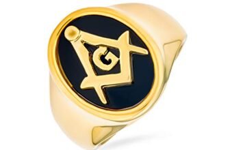 Bling Jewelry Anello Massonico da Uomo con Compasso Quadrato della Società Segreta, Ovale Nero, Placcato in Oro 14K in Acciaio Inossidabile