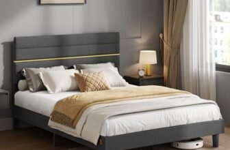 VASAGLE Struttura Letto Matrimoniale, Telaio Letto, per Materasso 140 x 200 cm, Testiera Imbottita Regolabile, Metallo e Legno, Moderno, Grigio Ardesia RMB504G01