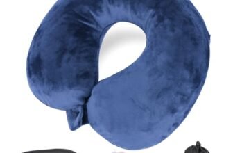 Cozary Cuscino da Viaggio Gonfiabile, Cuscino Viaggio, Inclusa Maschera per Dormir, Tappi Auricolari, Borsa per Trasporto, Portable, Démontable et lavable, Adatto per aerei, Treni, Uffici-Blu