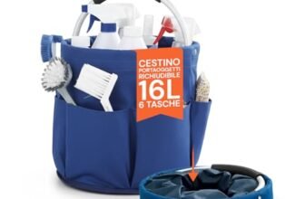 Avilia – Secchio 16 Litri Pieghevole, Organizer 6 Tasche Esterne Porta Detersivi, Cesto Salvaspazio Impermeabile, Pulizie Casa, Lavaggio Auto e Campeggio, Compatto e Robusto