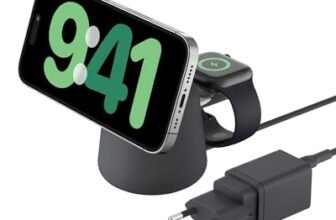 Belkin BoostCharge Caricabatteria wireless 2 in 1 con Qi2 da 15 W, caricatore MagSafe per iPhone 16, 15, 14, 13, 12, Apple Watch, AirPods e altri dispositivi Qi2, alimentatore incluso, Carbone