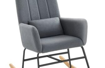 SONGMICS HOME Sedia a Dondolo, con Braccioli, Poltrona a Dondolo, Rivestimento in Peluche, Struttura in Acciaio, Piedi in Legno, Portata 160 kg, Camera da Letto Salotto, Grigio Ardesia LYY500G01