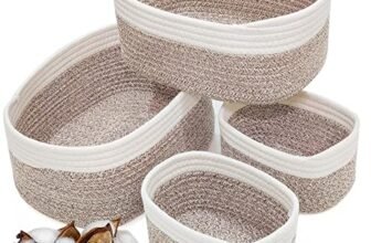 Cesto portaoggetti intrecciato, in corda di cotone, adatto per il bagno, il fasciatoio, come organizer impilabile e multiuso o per la decorazione della cameretta dei bambini, set da 4 pezzi