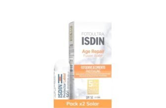 ISDIN Pack Fusion FotoUltra Age Repair SPF 50 – Crema solare ultra leggera colorata per effetto viso e formula dell’acqua, 50 ml e balsamo per labbra con SPF 30, riparato e idratato