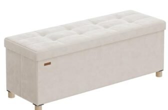 SONGMICS Pouf Contenitore, Cassapanca Pieghevole, 38 x 110 x 40 cm, Sgabello Poggiapiedi, 112 L, Superficie in Velluto, per Camera da Letto Soggiorno, Beige Cappuccino LSF0518W02