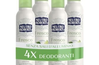 Neutro Roberts, Deodorante Spray Fresco Verde, Té Verde e Lime, Zero Sali di Alluminio, Zero Macchie, con Puro Olio di Glicerina, Deo Uomo e Donna, Dermatologicamente Testato, 48h – 4 Pezzi da 150 ml