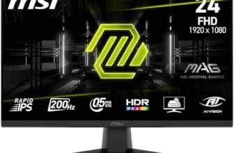 MSI MAG 242F Monitor Gaming da 24″ – FHD (1920×1080), Rapid IPS, 200Hz, 0.5ms, HDR Ready, AMD FreeSync Premium, Eye Care, HDMI 2.0b, DP 1.2a, Senza Cornice, Inclinabile, Montaggio VESA – Nero