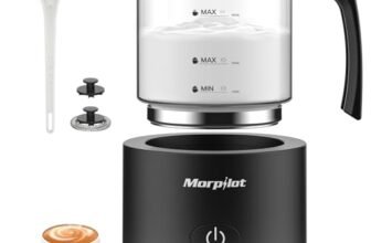 Milk Frother, Morpilot Montalatte Elettrico in Vetro, 4 in 1 Funzione, Bello da Vedere, Capacità 250ml per Schiumare o 500 ml per Riscaldare, Design Diviso, Nero