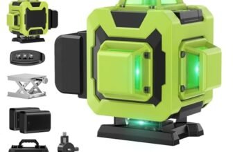 Livella Laser Autolivellante 360° – 16 Linee Verdi, 4×360°, Alta Visibilità, 2 Batterie, Telecomando e Kit Accessori, Ideale per Cartongesso e Pavimenti