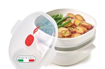 Snips – Vaporiera Microonde Bianca 4L con 2 Vassoi Sovrapponibili per Doppia Cottura a Vapore, Contenitori per Alimenti – Contenitore per Microonde, 26.5x22x13.5 cm, Made in Italy