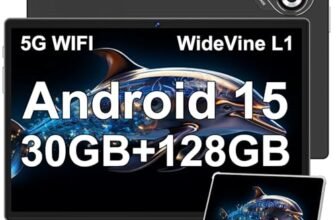 Dghrti Tablet Android 15, Schermo IPS HD 10 Pollici, 30 GB RAM e 128 GB + Estensione 1TB TF, Octo-Core e 8000mAh, WiFi 6, Widevine L1-5+8 MP, Telaio in Metallo, Tablet touch con Custodia- Nero