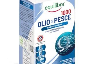 equilibra Integratori Alimentari, Olio di Pesce 1000, Integratore a Base Acidi Grassi Polinsaturi della Serie Omega-3 EPA e DHA, con Vitamina E, Normale Funzione Cardiaca, 60 Capsule Vegetali