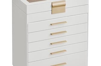 SONGMICS Scatola Portagioie, 6 Livelli, Coperchio in Vetro, 5 Cassetti, Porta Gioielli, Occhiali da Sole e Accessori Grandi, Moderno, Bianco Nuvola e Dorato JBC171W01