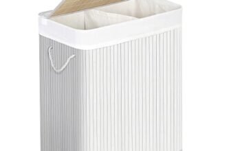 SONGMICS Cesto Portabiancheria, 100 L, Cesta Biancheria a 2 Scomparti in Bambù, Coperchio, Maniglie, Pieghevole, Sacco Rimovibile e Lavabile in Lavatrice, Lavanderia, Casa, Bagno, Bianco LCB64WT
