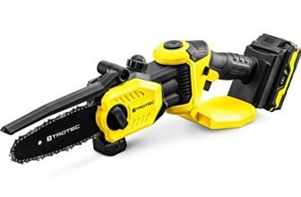 TROTEC Motosega a batteria PCHS 10-20V – batteria multipla 20V 2 Ah, catena da 6 pollici, impugnatura girevole a 90° – protezione dall’accensione