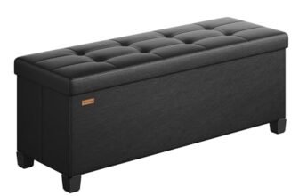 SONGMICS Pouf Contenitore, Cassapanca con Gambe, 38 x 110 x 40 cm, Sgabello Poggiapiedi, 112 L, Rivestimento PVC, per Camera da Letto Soggiorno, Nero Inchiostro LSF0514B02