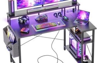 BEXEVUE Scrivania Angolo con LED Ciabatta – 120x70cm Grande Tavolino Computer Forma L Ripiani Portaoggetti, Scrivania Angolare Reversibile Gaming Informatica, Studio Gioco Lavoro Casa Camera da Letto