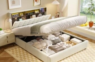 CJHXE Letto Contenitore Matrimoniale 160×200 cm con LED e USB, Struttura Letto King Size con Alzata a Gas Idraulica, Letto Imbottito, Beige