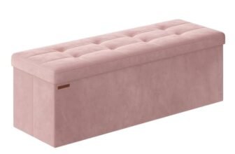 SONGMICS Cassapanca, Pouf Contenitore, Poggiapiedi Pieghevole da 38 x 110 x 38 cm, Ottomano, Regge fino a 300 kg, per Soggiorno, Camera da Letto, Entrata, Rosa Pastello LSF277R01