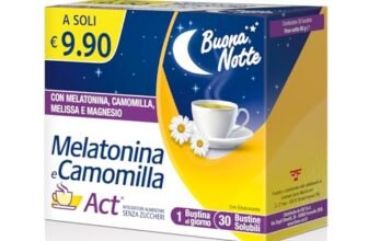 Melatonina e Camomilla Act, Integratore Alimentare Senza Zuccheri, a Base di Melatonina, Camomilla, Melissa e Magnesio, 1 Confezione da 30 Bustine Solubili