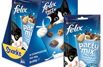 FELIX Party Mix Snack per Gatti Adulti con Latte, Yogurt e Formaggio 8 Confezioni da 60g