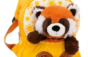 NICI zaino per bambini giallo 2 in 1 con peluche panda rosso 25cm – Zaino asilo bambini e bambine – Schienale morbido e bretelle regolabili – 49854