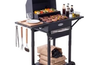 HOMAVO Barbecue a Carbonella, Barbecue con Coperchio, Superficie Cottura: 45×32 cm, Vassoio Carbone Regolabile in Altezza, Tavolino Laterale