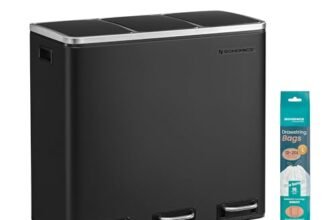 SONGMICS Cestino da Cucina, Pattumiera per Raccolta Differenziata 3 x 18L, 3 Scomparti per Riciclaggio, Coperchi a Chiusura Morbida, Pedali, Acciaio, Nero Inchiostro LTB54BK