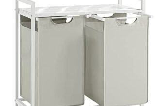 VASAGLE Cesto Portabiancheria, Porta Biancheria, 2 Sacchi in Tessuto Rimovibili, Piano d’Appoggio, Metallo, 2 x 46 L, 73 x 33 x 72 cm, Bianco Crema e Bianco Opaco BLH201W01