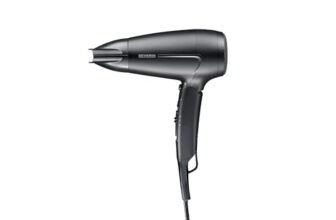 SEVERIN Asciugacapelli da Viaggio, Compatto e Potente, Manico Pieghevole, Flessibilità Grazie al Doppio Voltaggio, Pulsante Aria Fredda, Adatto per i Viaggi, 1.600 Watt, Nero, HT 0159