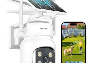 MROWLY Telecamera Wi-Fi Esterno con Pannello Solare 2 in1, 4MP/2.5K Telecamera Senza Fili, 360° Copertura, Facile da Installare, 2.4/5GHz WiFi, Visione Notturna a Colori, Rilevamento PIR, SD/Cloud