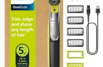 Philips OneBlade QP2834/31 – Regolabarba elettrico 360 autentico, per viso e corpo, 3 lame da 360, 4 pettini per barba (1, 2, 3, 5 mm), 1 kit per il corpo