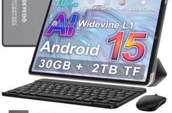 SKYEGG Tablet 10 Pollici Android 15 con Gemini AI, 30GB RAM + Espandibile 2TB ROM, Octa-Core, Widevine L1, WiFi 5G, BT5.0, Fotocamere 8MP/5MP, 6000mAh, con Tastiera, Mouse e Custodia – Grigio Chiaro