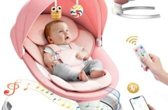 Brolteja Sdraietta Elettrica neonato 0-9 kg, Dondolo con Telecomando e Bluetooth, 5 Ampiezza Dondolio e Cintura Sicurezza 5 Punti, Rete Insetti (Rosa)
