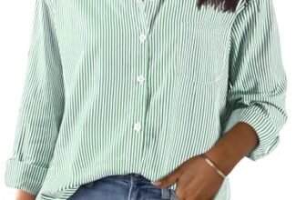 Xnova Camicetta a Righe da Donna con Bottoni, Elegante Magliette a Maniche Lunghe in Cotone, Classica Casual Blusa con Colletto e Tasca Camicia Tops da Ufficio Lavoro (Verde, S)