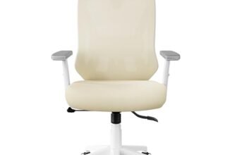 Yaheetech Poltrona/Sedia Ufficio Scrivania Ergonomica Lombare Schienale Reclinabile Bloccabile tra 90° e 130° a Rete Traspirante Braccioli Poggiatesta Regolabili a Ruote Girevole beige